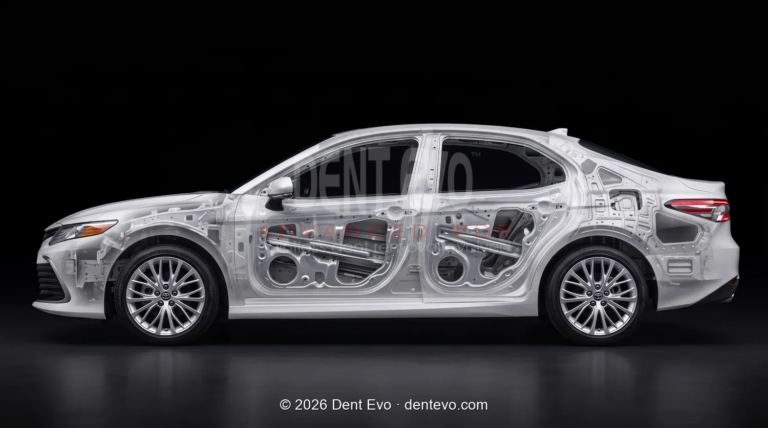 Toyota Camry with the panels made transparent, showing the internal impact beams and bracing that decide paintless dent repair access and cost