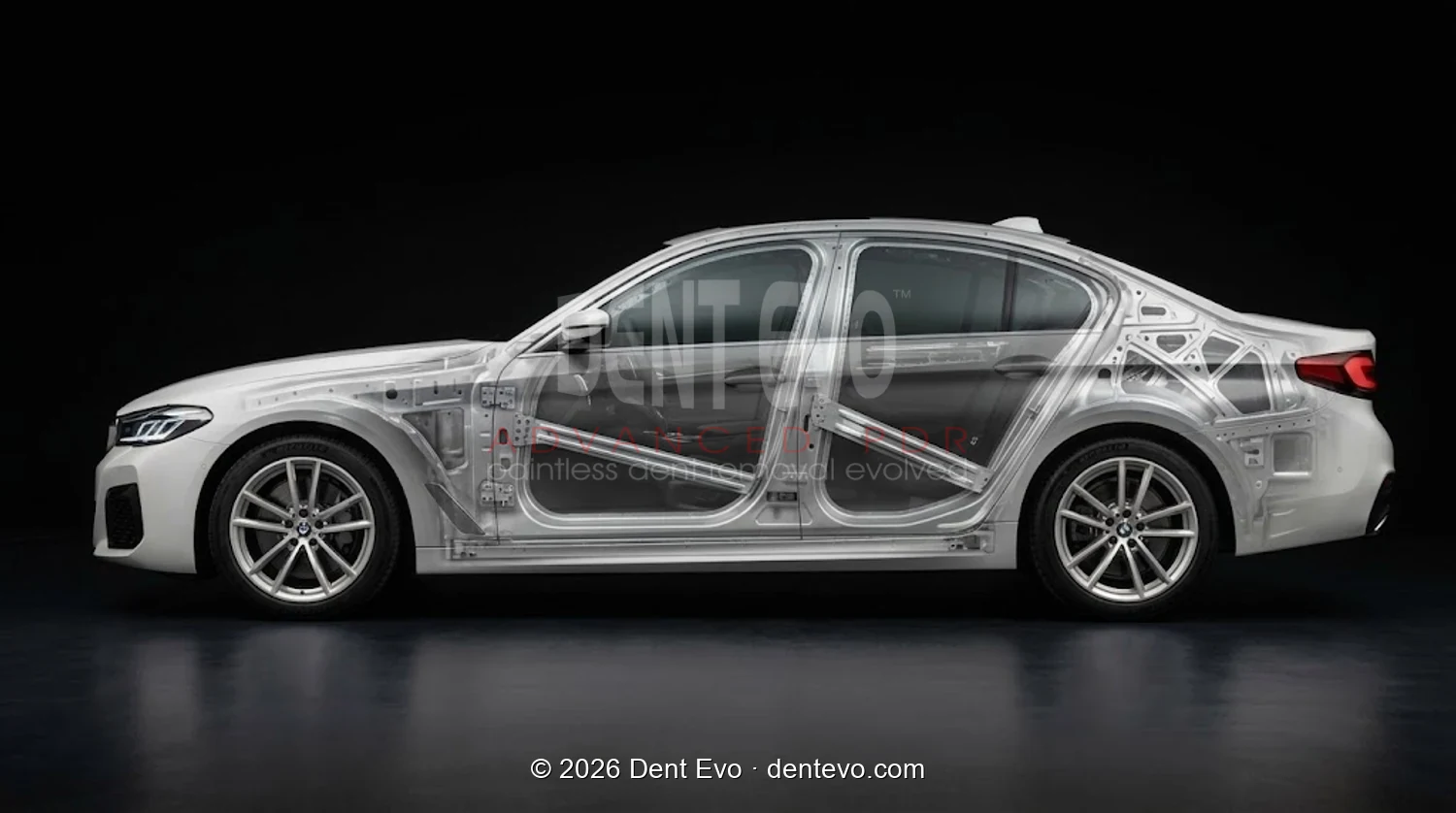BMW with the panels made transparent, showing the internal impact beams and bracing that decide paintless dent repair access and cost