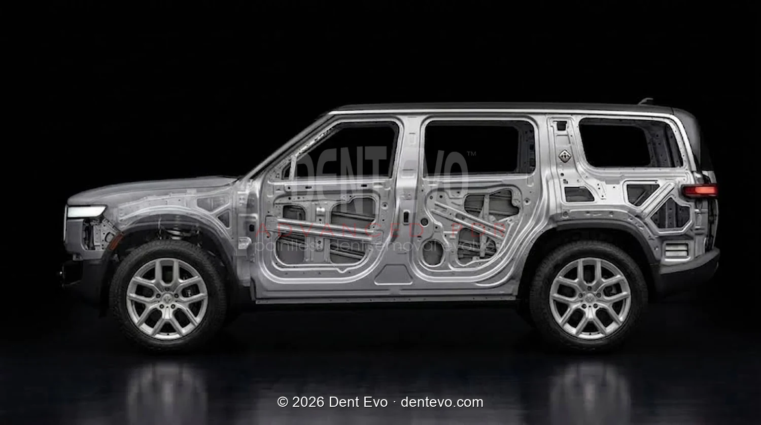 Rivian with the panels made transparent, showing the internal impact beams and bracing that decide paintless dent repair access and cost