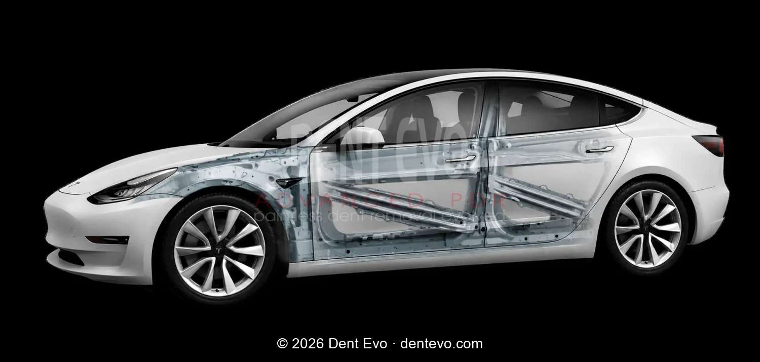 Tesla with the panels made transparent, showing the internal impact beams and bracing that decide paintless dent repair access and cost